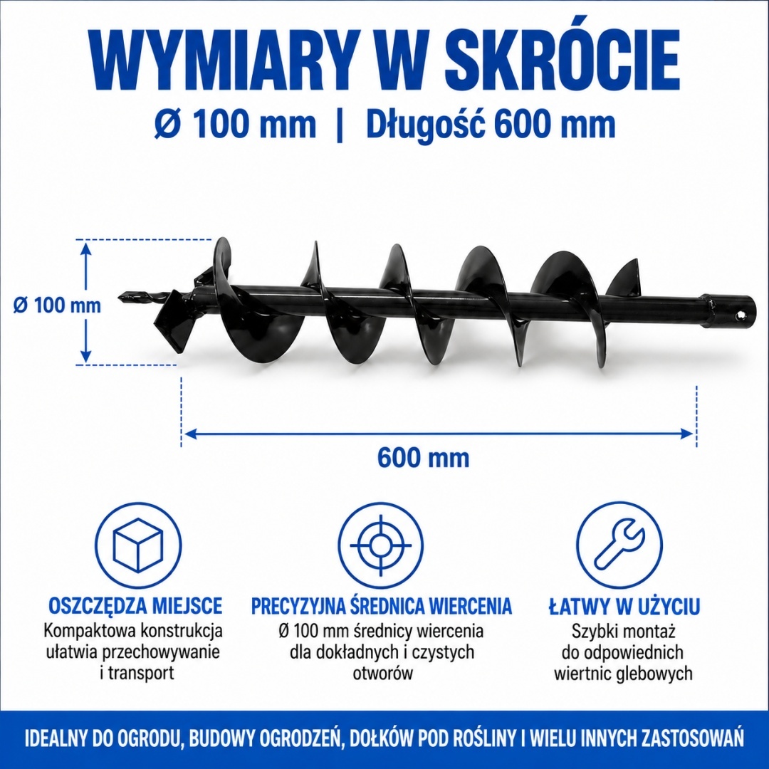 Zemní vrták 100 mm 600 mm pro vrtnou soupravu šnek do země ocel robustní zahradní M12929